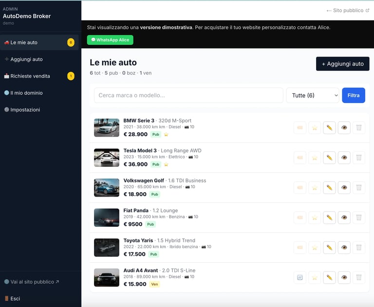 AutoDemo Broker website showing a car listing page with multiple vehicle options including BMW, Tesla, Volkswagen, Fiat Panda, Toyota Yaris, and Audi A3 with prices displayed