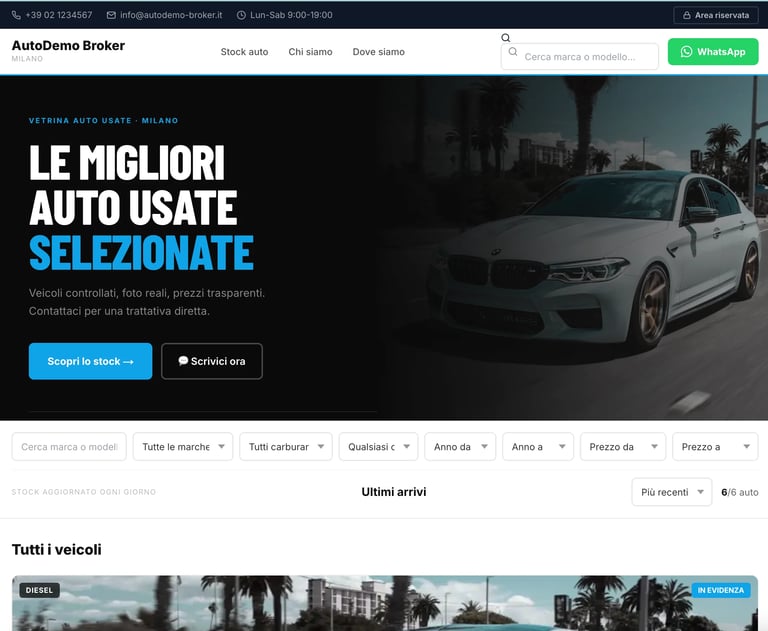 AutoDemo Broker website showing white BMW sedan with text LE MIGLIORI AUTO USATE SELEZIONATE and filter options for searching used cars